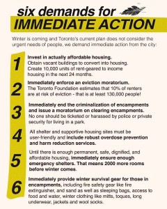 Six Demands for Immediate Action made by ESN, Toronto Overdose Prevention Site and the Shelter Housing Justice Network