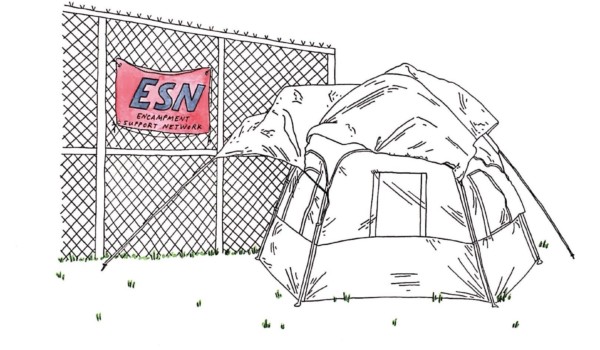 A drawing of a tent next to a chainlink fence with a sign hung on it that reads 