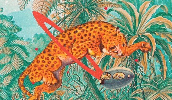 A Leopard jumping through the jungle, through a red ring created by a spaceship. Nubiyan Twist - Freedom Fables