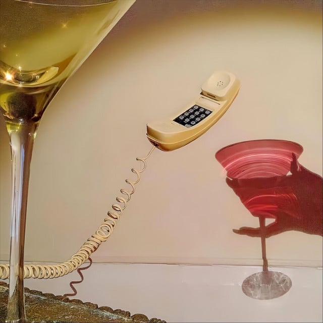 a white phone is suspended in the air between beside a yellow martini glass. A red martini glass is reflected on the wall.